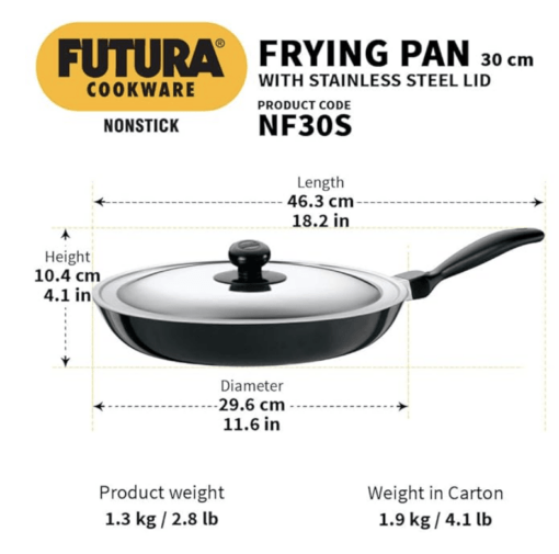 Hawkins Futura 30 cm Frying Pan, Non Stick Fry Pan with Stainless Steel Lid, Big Frying Pan, Black (NF30S) - Image 3